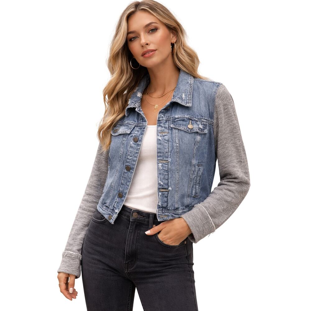 Free People Distressed Denim Jacket Mixed Fabric Knit Sleeve Moto Trucker Size M